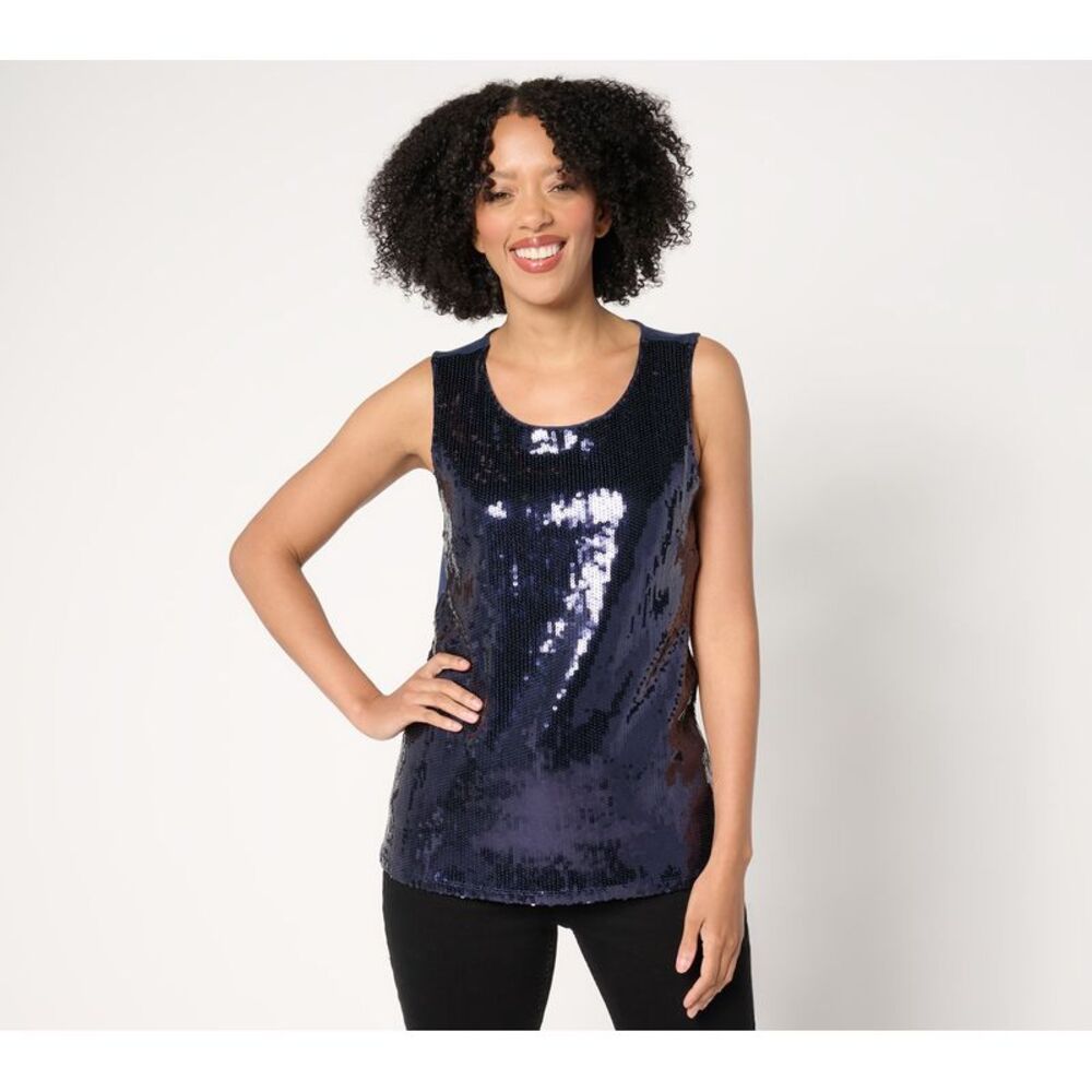 SUNNYLiFE Women's Top Plus Sz 2X Denim & Co. Sequin Front Scoop Neck Blue